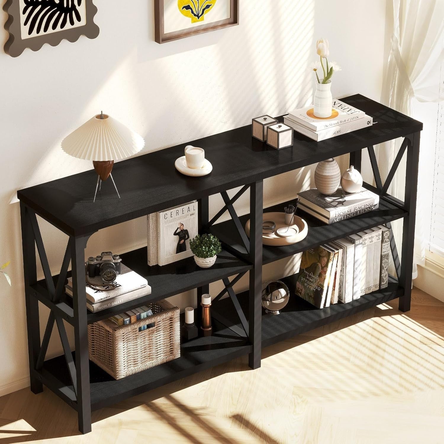 Black Oak Console Table 55” 3-Tier Shelf Metal Frame Entryway Storage