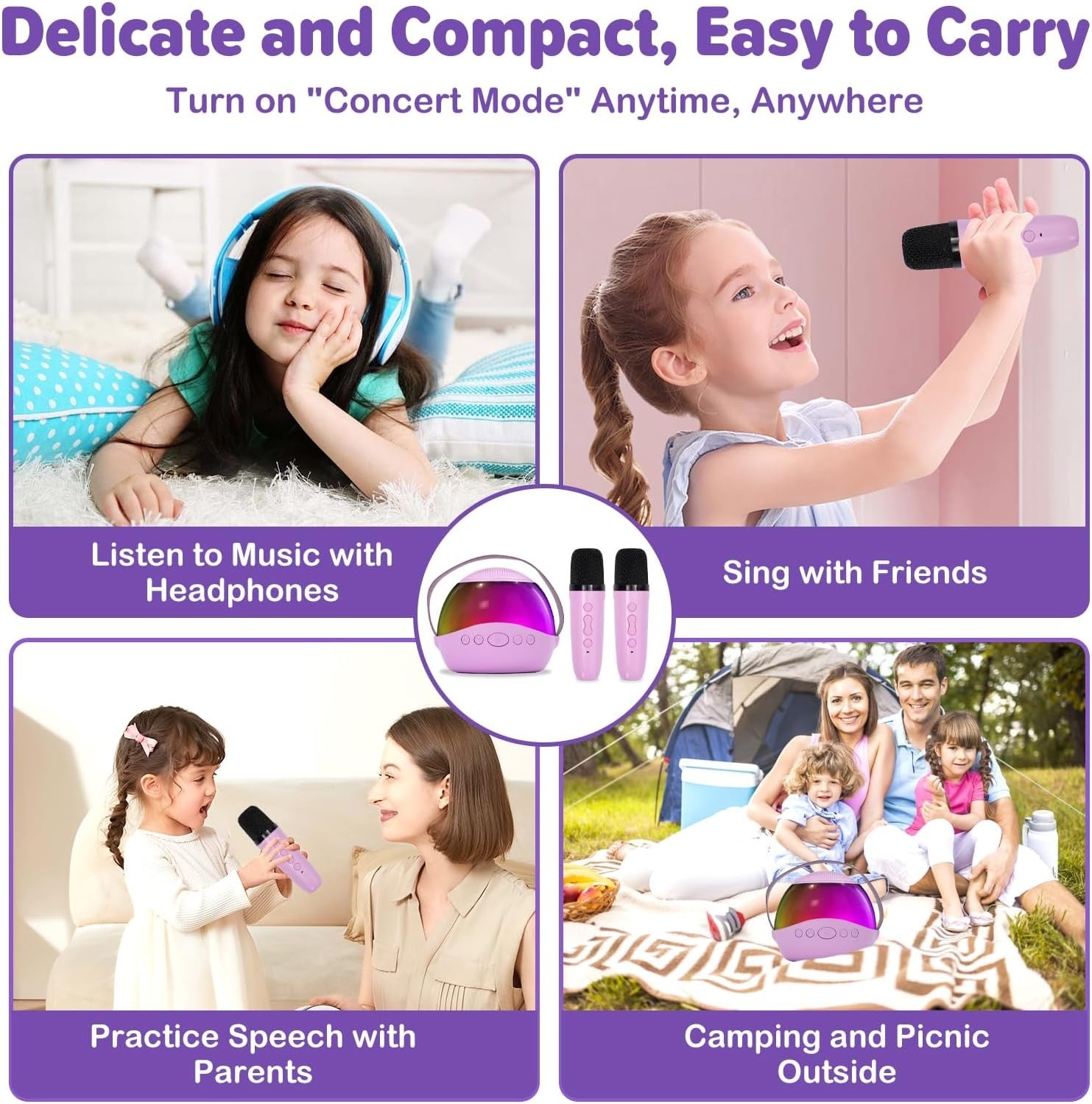 Mini Kids Karaoke Machine 2 Mics Bluetooth LED Lights