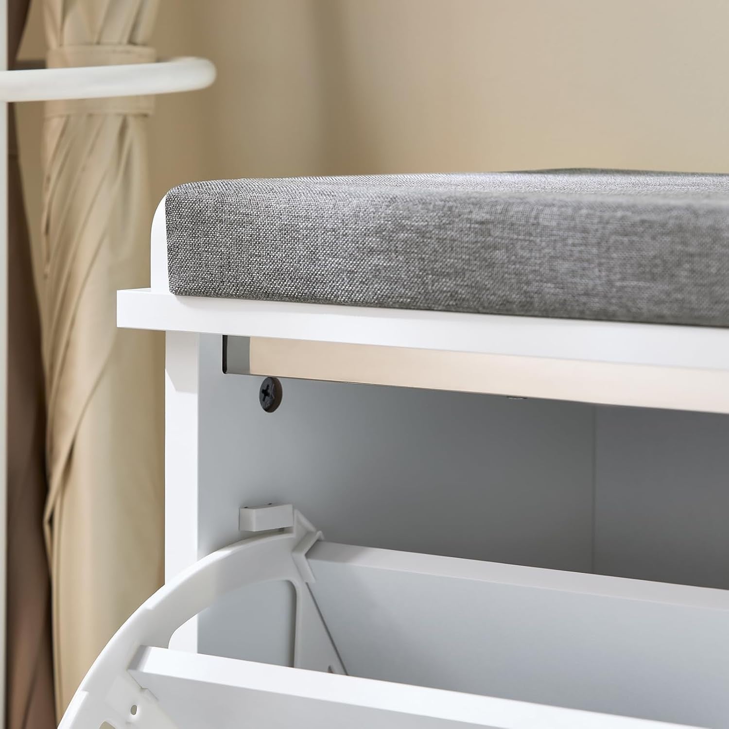 White Shoe Storage Bench with Cushion | Flip Drawer Hallway Seat Unit