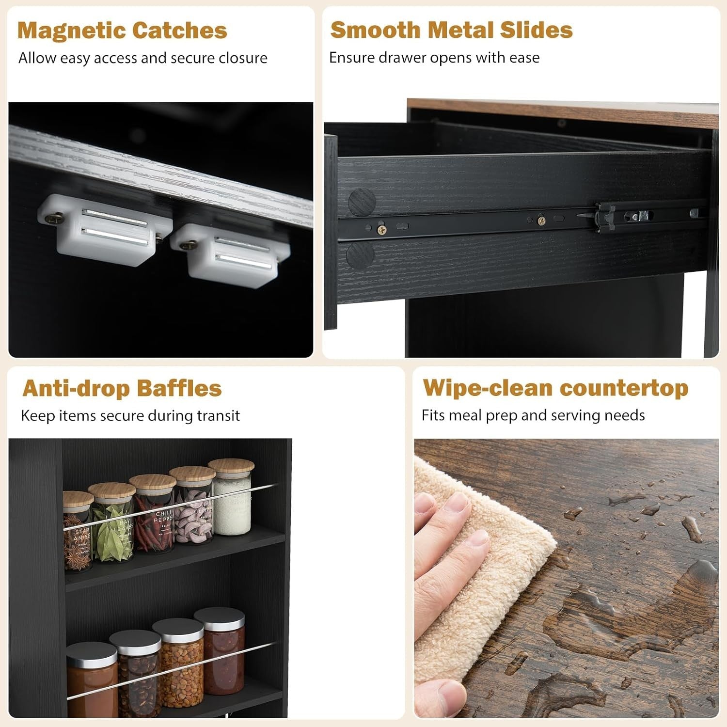 Kitchen Island Trolley Cabinet with Spice Rack Black
