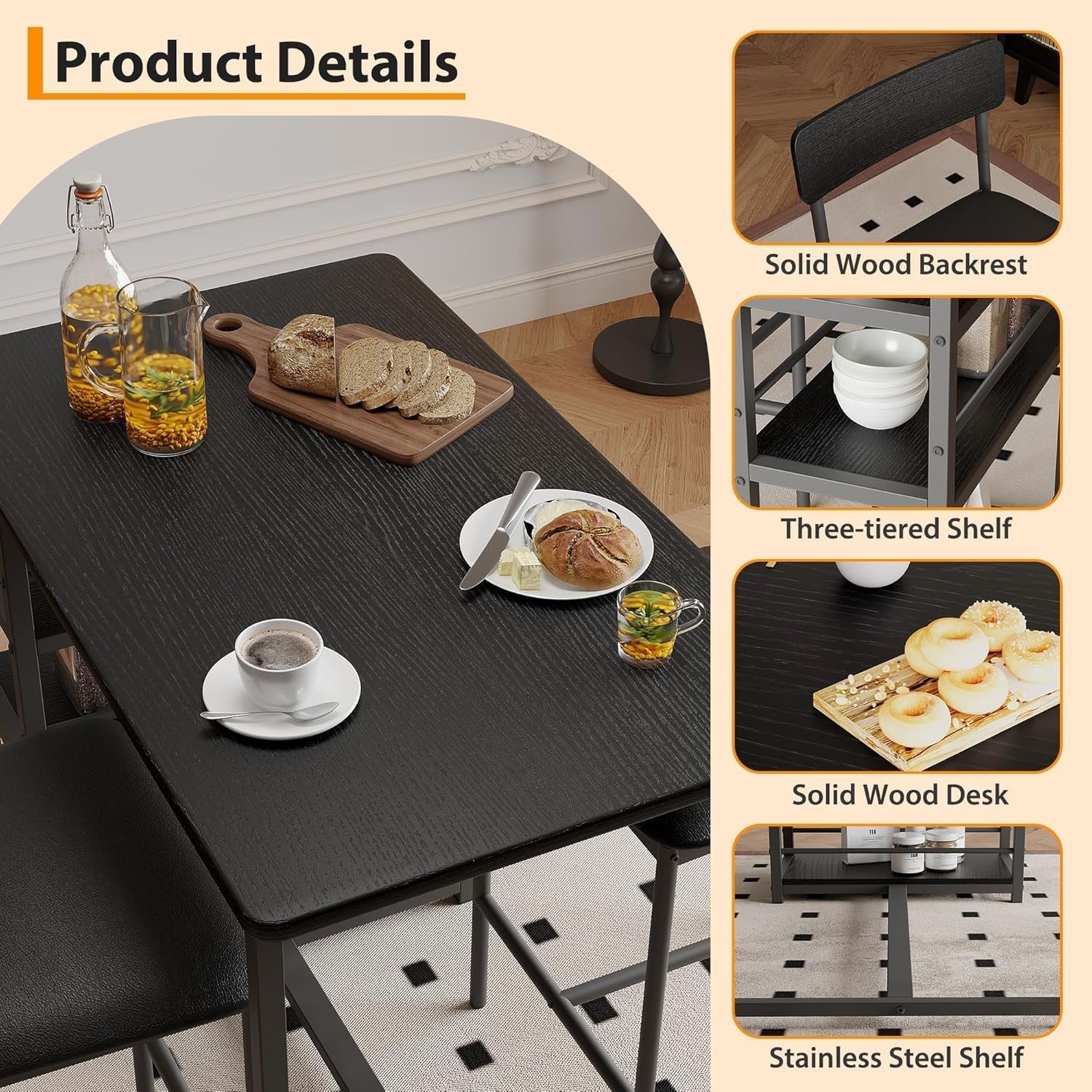 Bar Table Black 3-Piece Set with Shelves and 2 Stools Space-Saving Dining Set