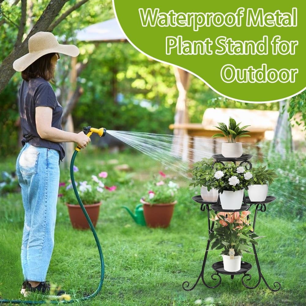 3 Tier Black Metal Plant Stand Indoor Outdoor Flower Pot Shelf with Tools Set
