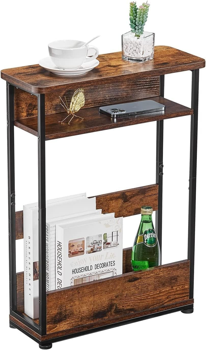 Narrow Side Table with Storage Shelf, 3-Tier Slim Nightstand for Small Spaces, 4