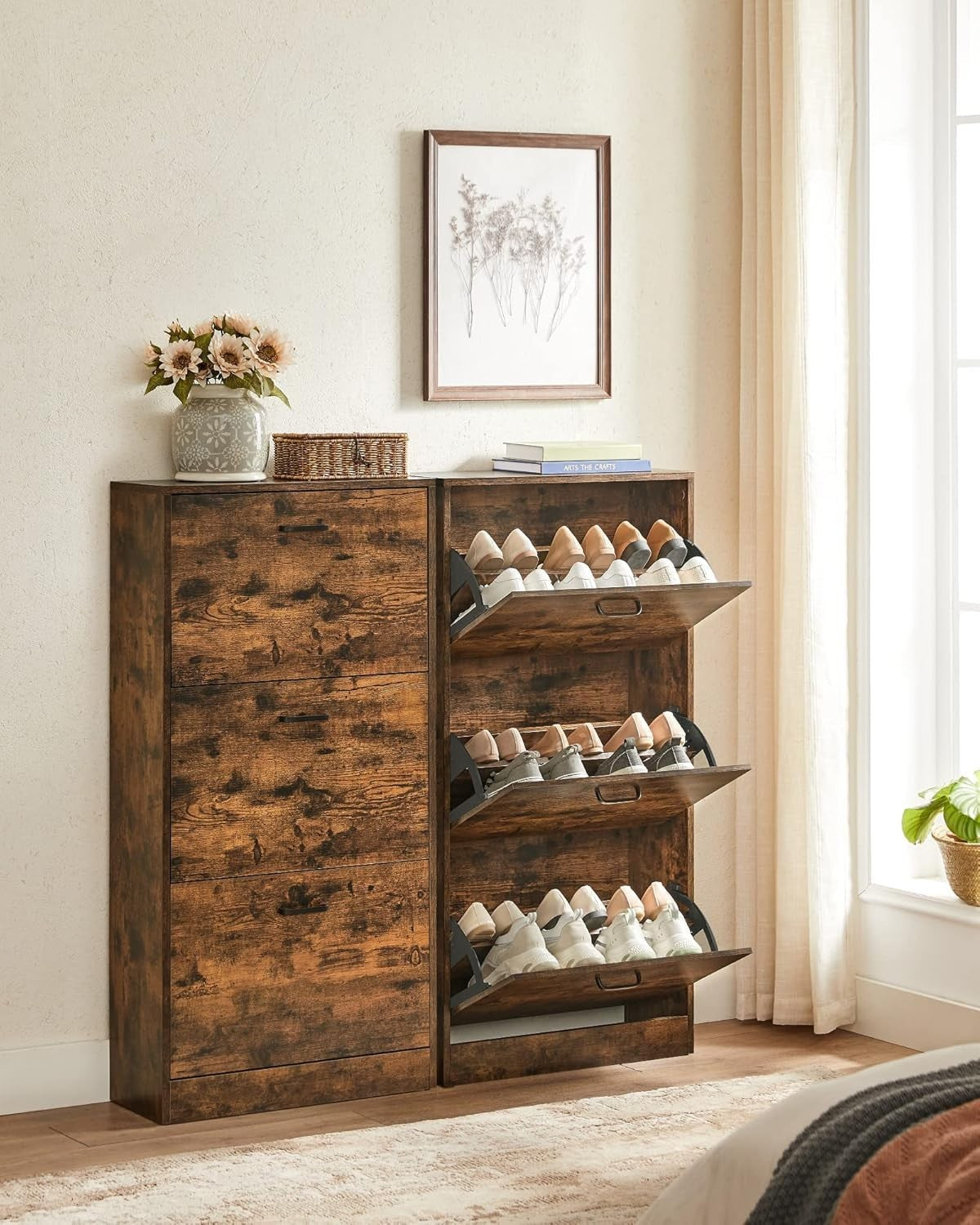 3-Tier 3-Flip-Door Shoe Cabinet, Slim Storage Rack 60x24x120 cm Rustic Brown