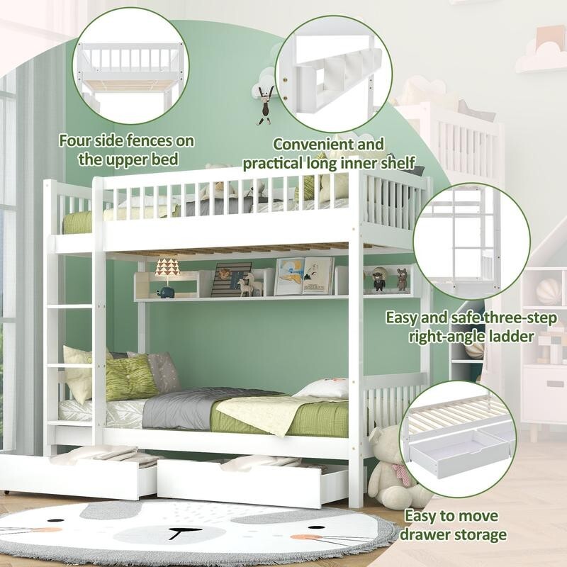 3FT Pine Bunk Bed Kids White Single with Storage Drawers & Shelf 90x190cm