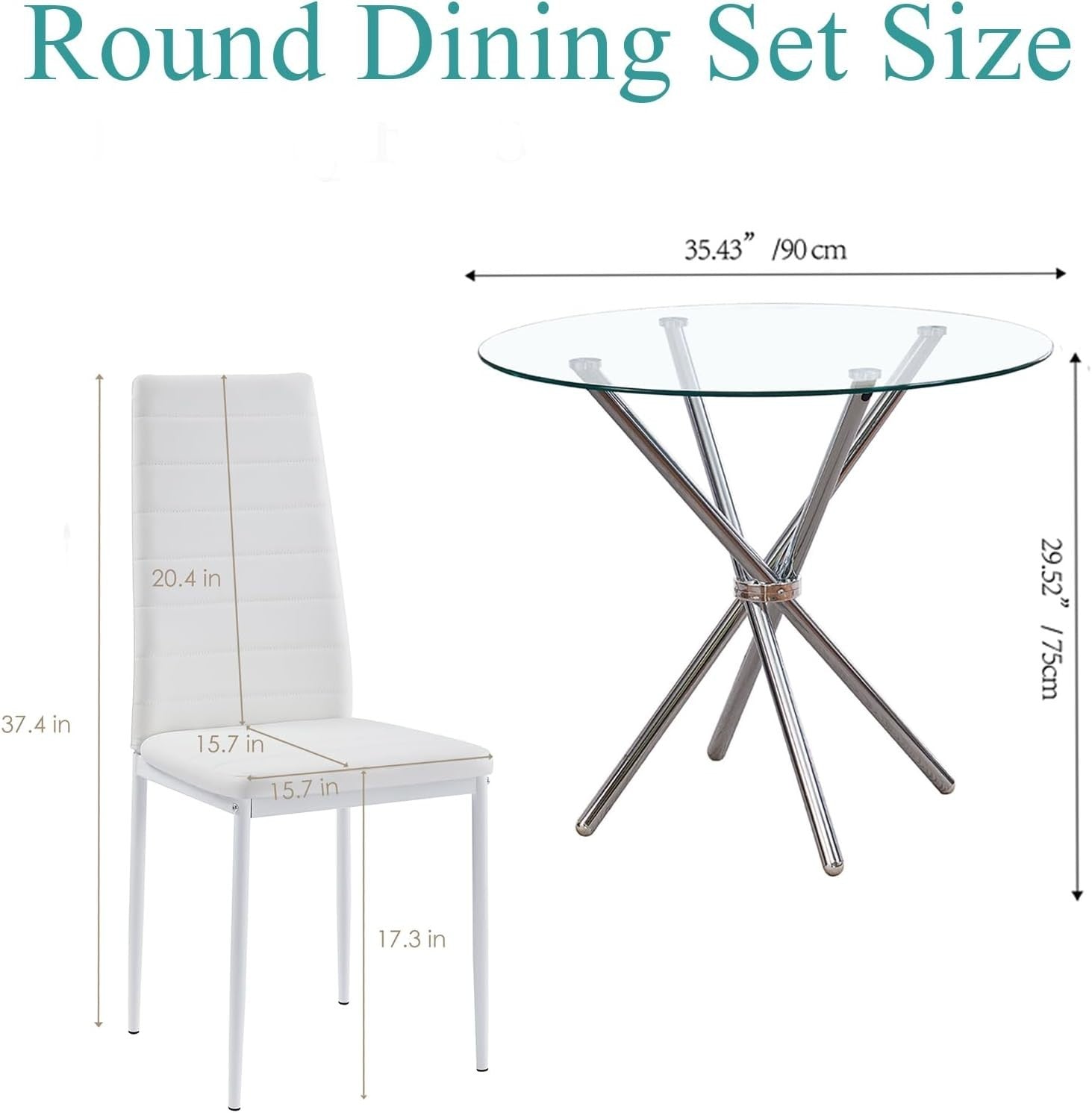 Round Glass Dining Table Set 4 White Faux Leather Chairs Compact Kitchen