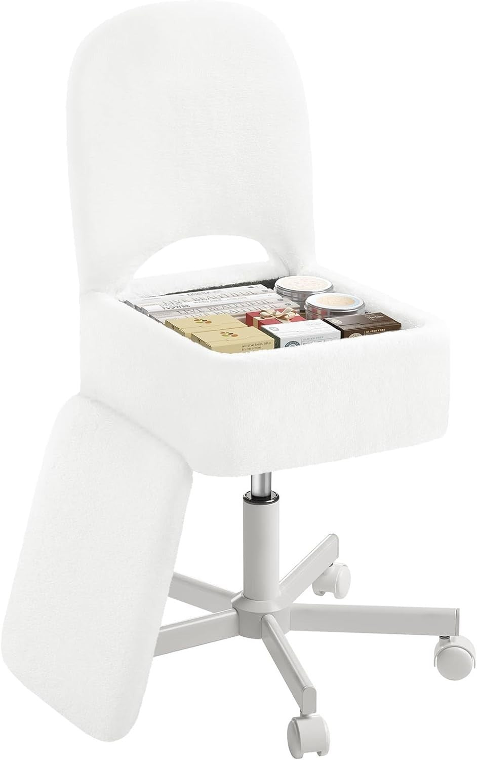White Furry Vanity Chair with Storage Swivel Adjustable Height & Wheels