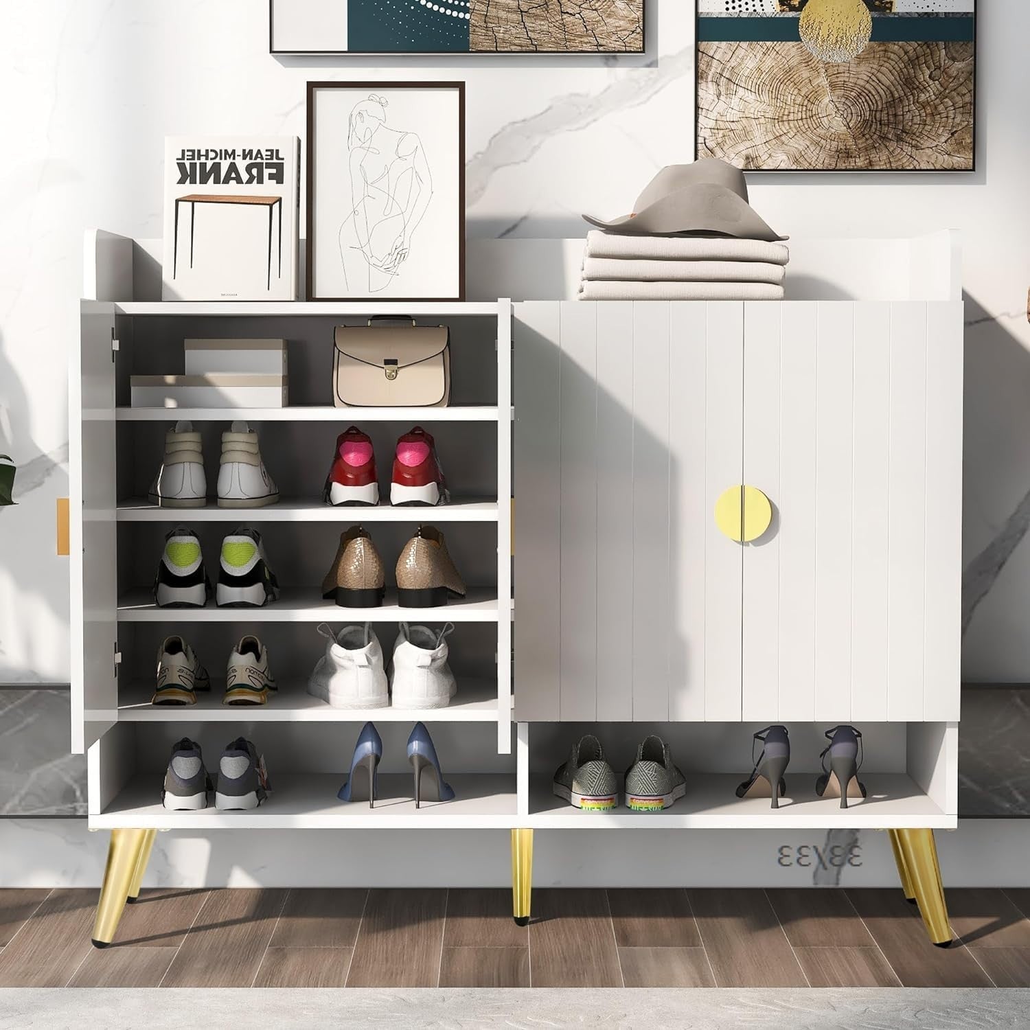 White Modern Shoe Cabinet Storage with Doors – 11 Shelf Hallway Organizer