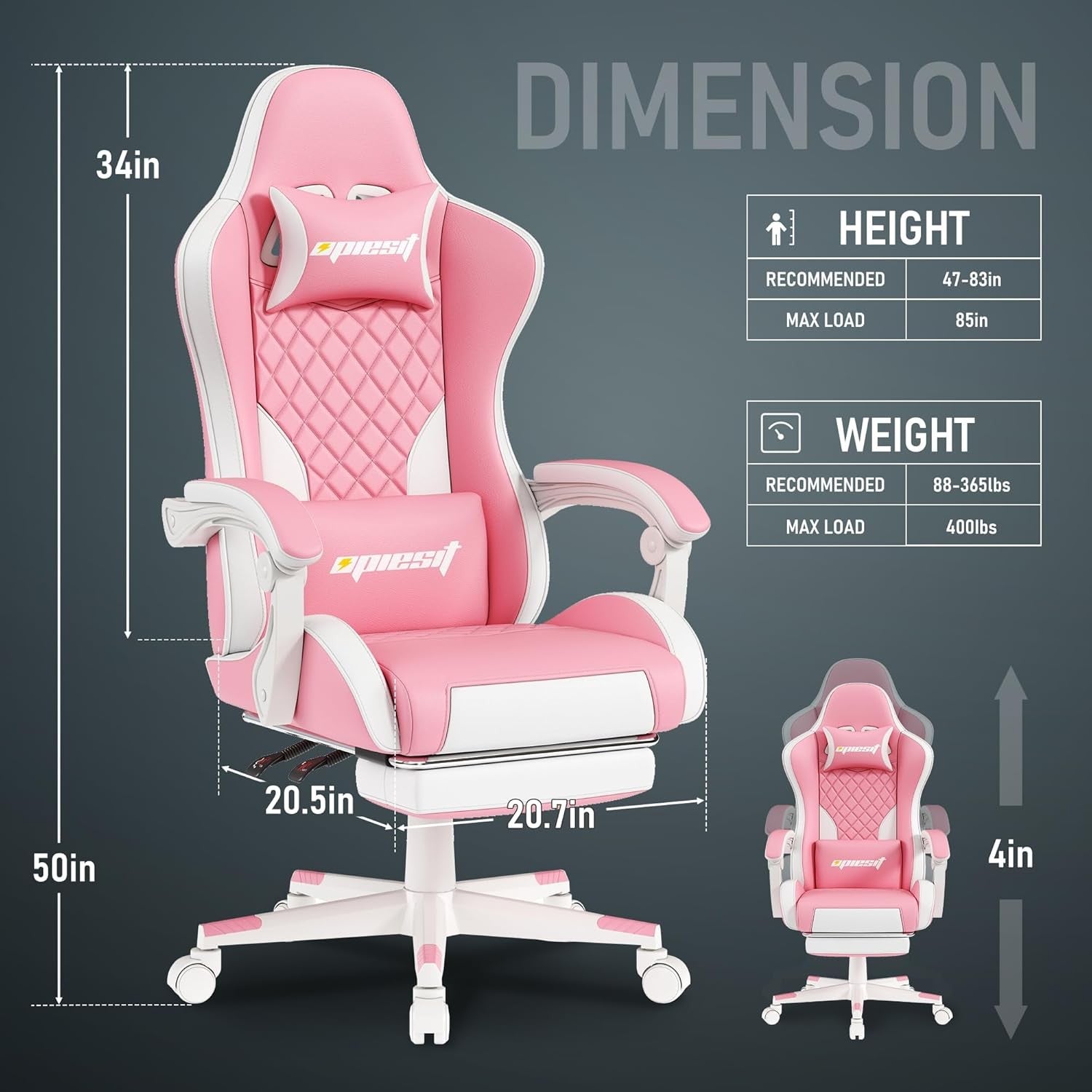 Ergonomic Gaming Chair with Footrest Reclining Pink PU