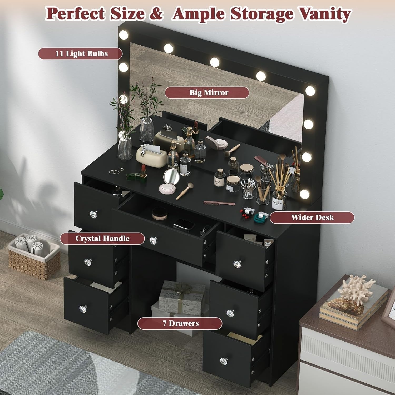 Modern Vanity Dressing Table LED Lighted Mirror 7 Drawer Desk Makeup White (77/7
