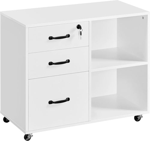 White Mobile Filing Cabinet with Drawers and Shelves Office Storage Unit
