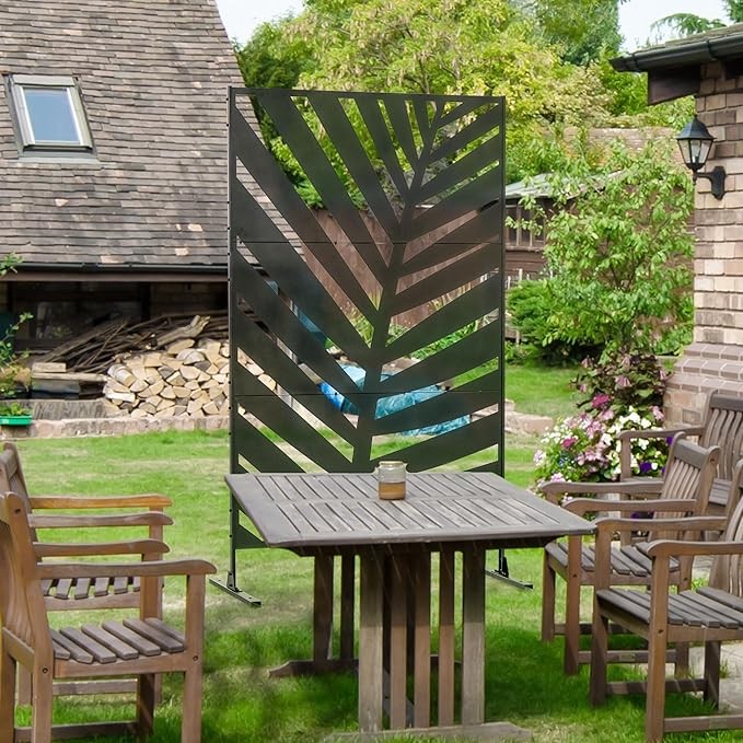 6.5FT Black Metal Garden Privacy Screen Banana Leaf Outdoor Divider Fence