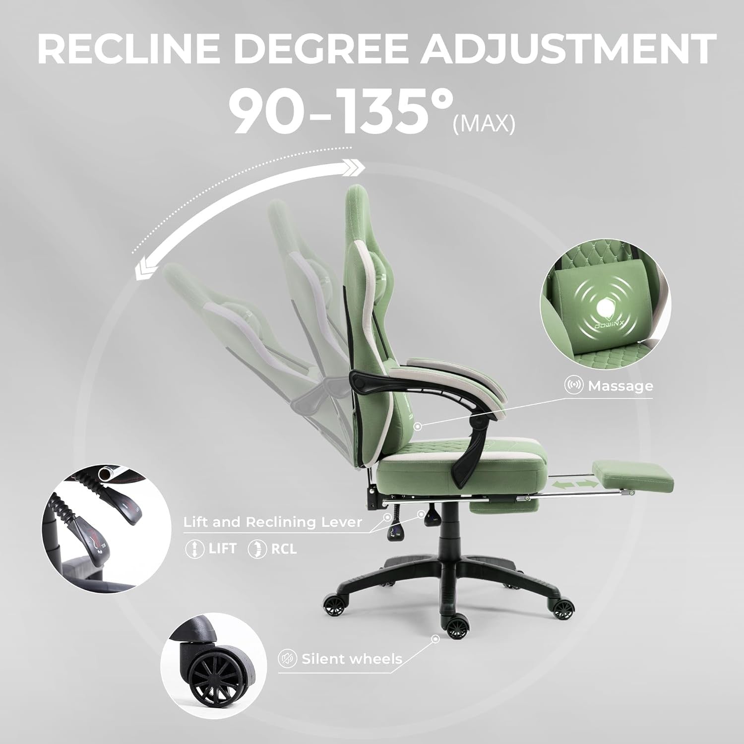 Gaming Chair Fabric Pocket Spring Recliner w/ Footrest 150kg Green