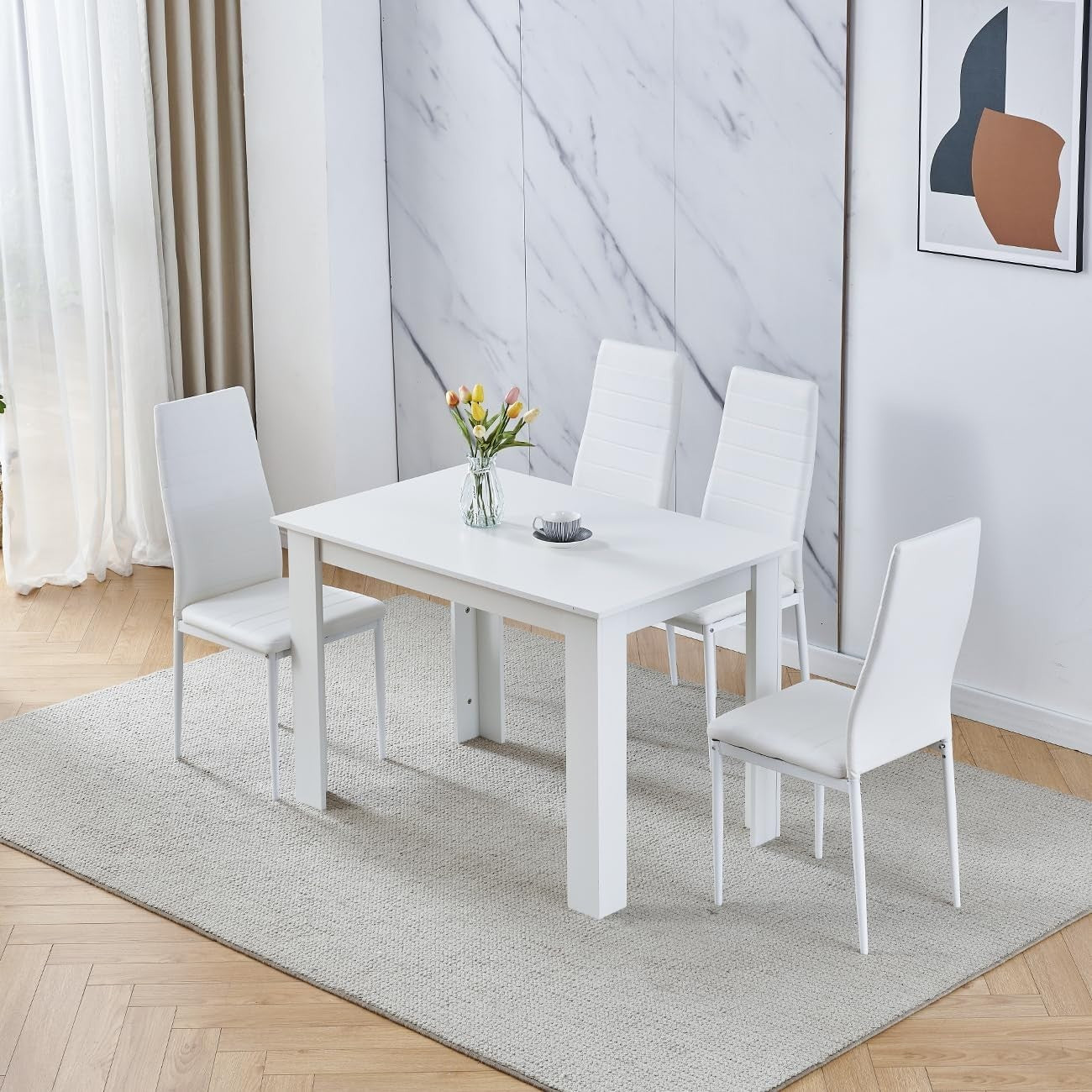 110cm White Dining Table Set + 4 Faux Leather Chairs Modern Kitchen