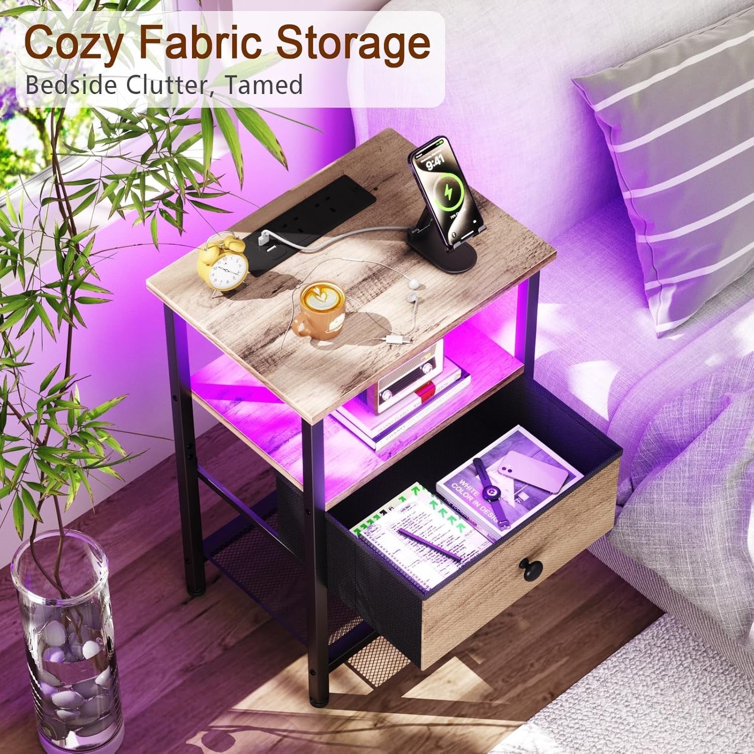 Grey Bedside Table with LED Light Charging Station Drawer & Open Shelf