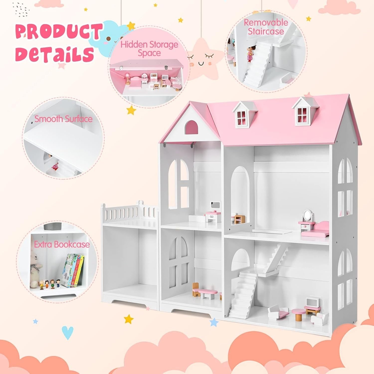 2in1 Kids Dollhouse Wooden Bookcase 2-Storey Playset w/ 14 Furniture Pink