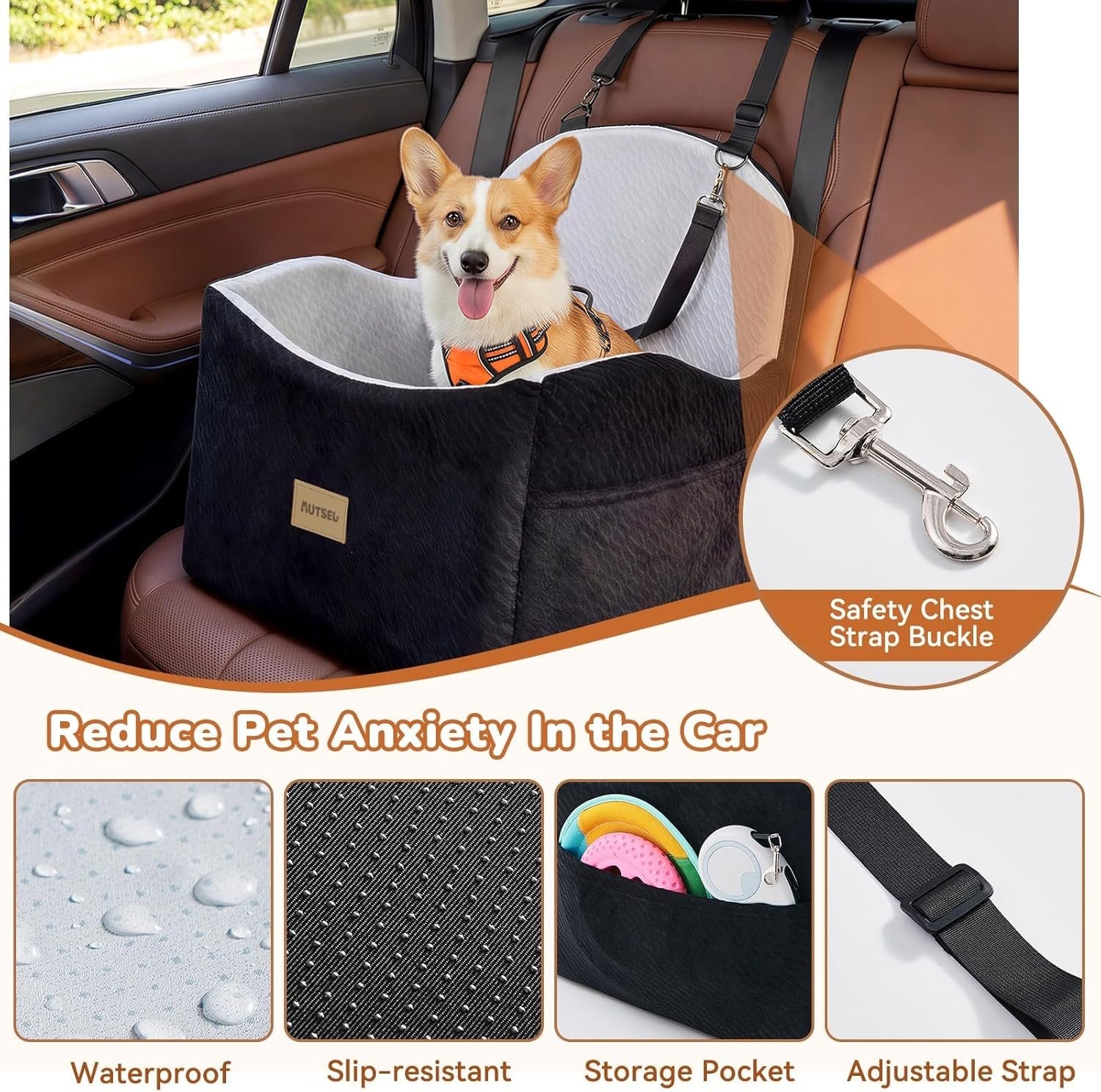 Dog Booster Car Seat Washable Travel Bed Safety Leash 40lb Black Grey