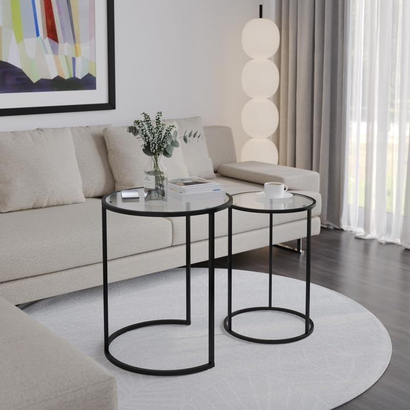 2X Round Nesting Coffee Tables Set Black Steel Base Tempered Glass Top Modern