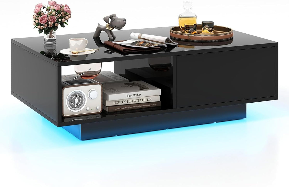 Modern LED Coffee Table with Storage Drawer – 20 Colour Lights, Black