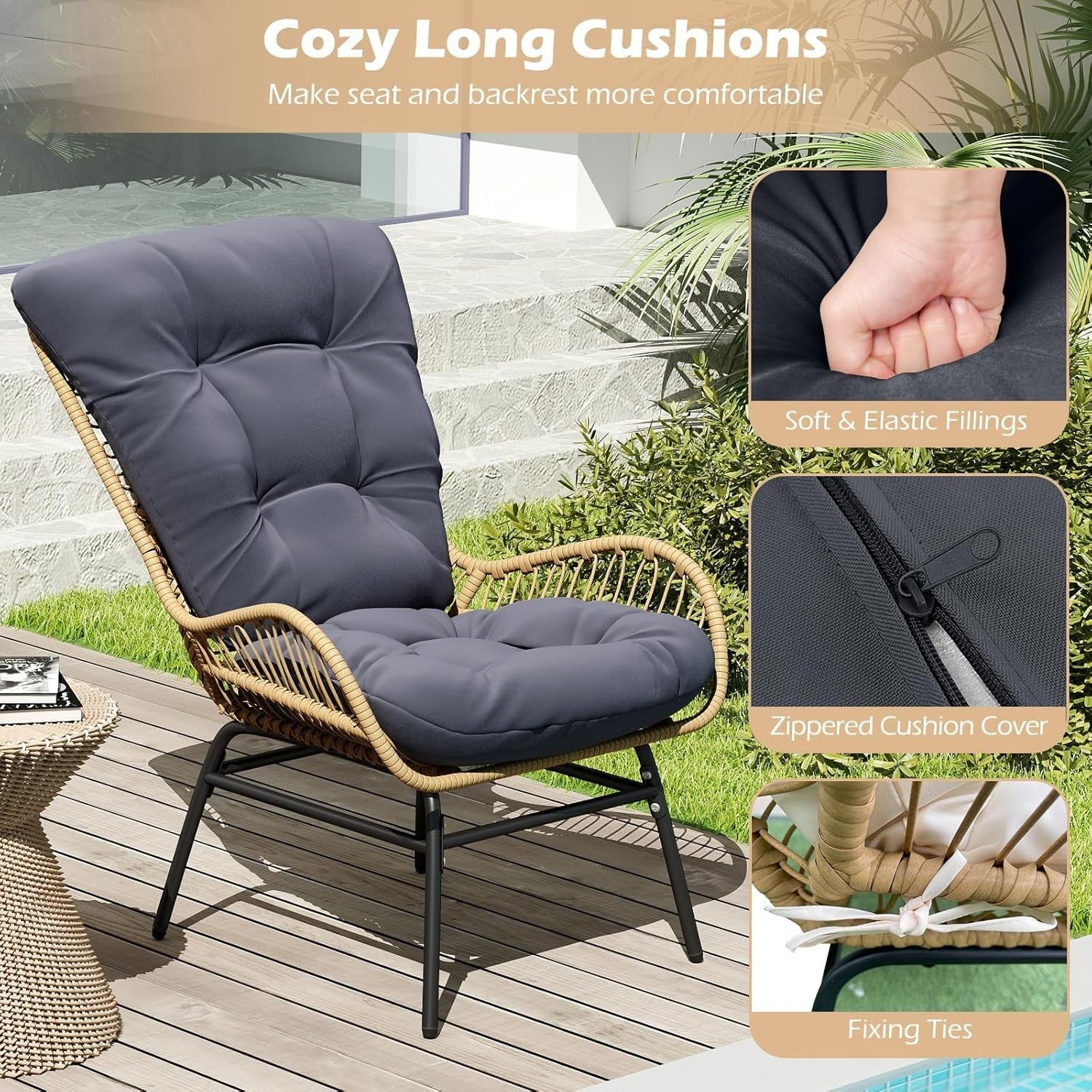Cushioned Rattan Garden Armchair Lounge Seat Metal Frame Patio Balcony