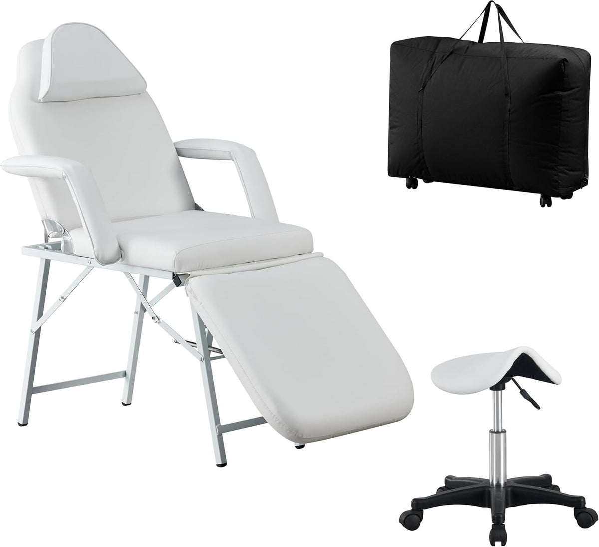 Tri-Fold Portable Beauty Massage Bed Adjustable 3-Section Chair w/ Stool White