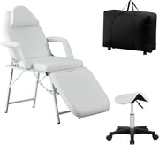 Tri-Fold Portable Beauty Massage Bed Adjustable 3-Section Chair w/ Stool White