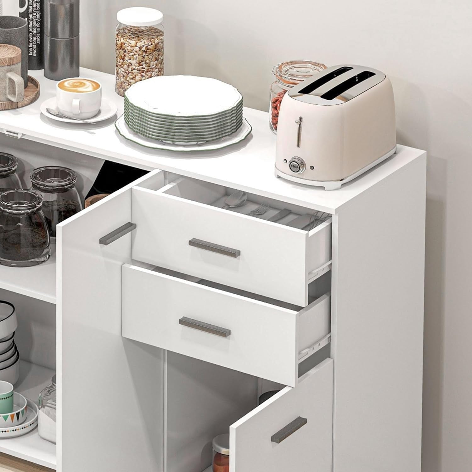 Modern White Sideboard Cabinet with 2 Drawers & 3 Doors – Adjustable Shelves