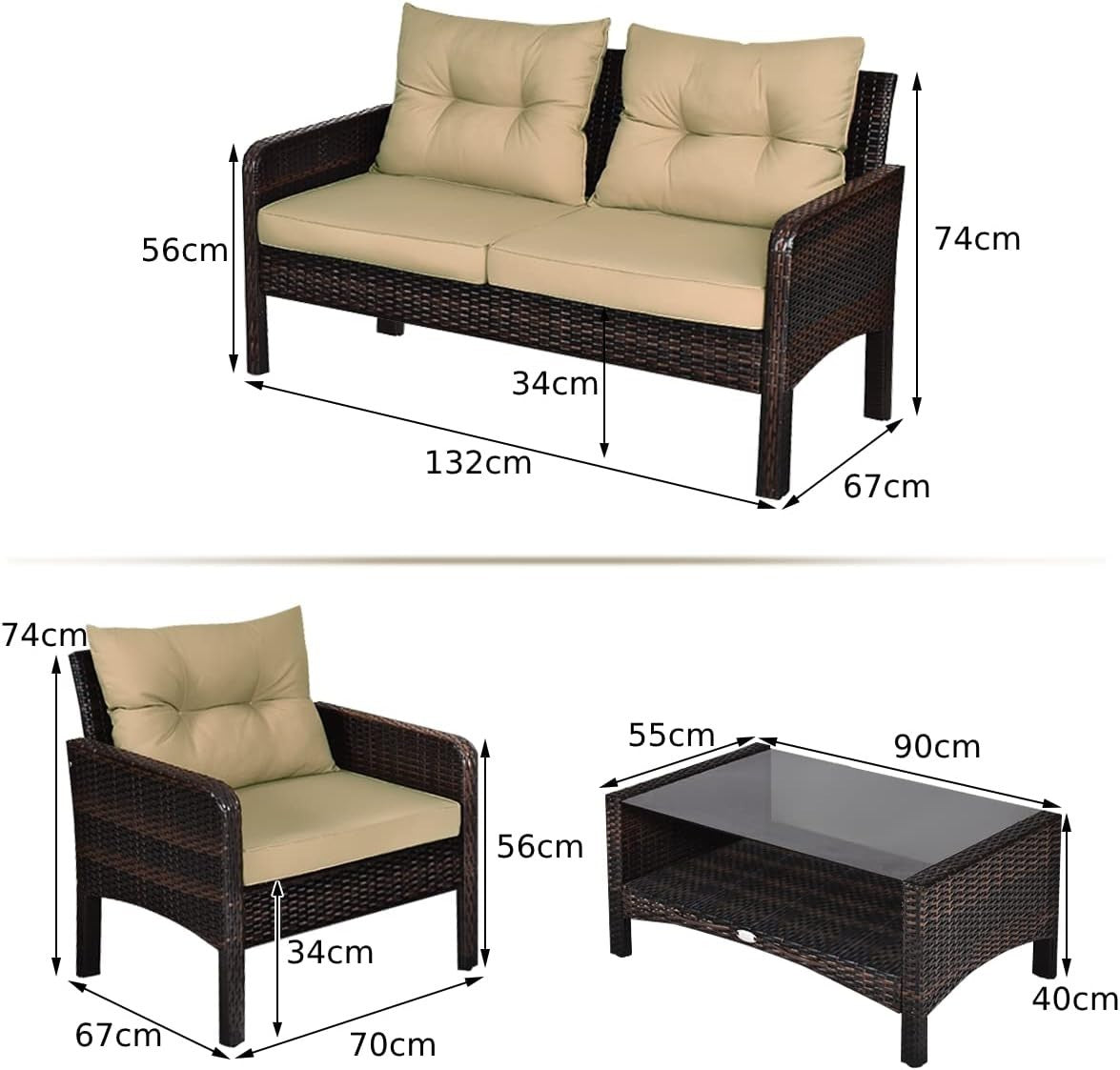 4PC Rattan Garden Conversation Set Cushioned Sofa Chairs Glass Table