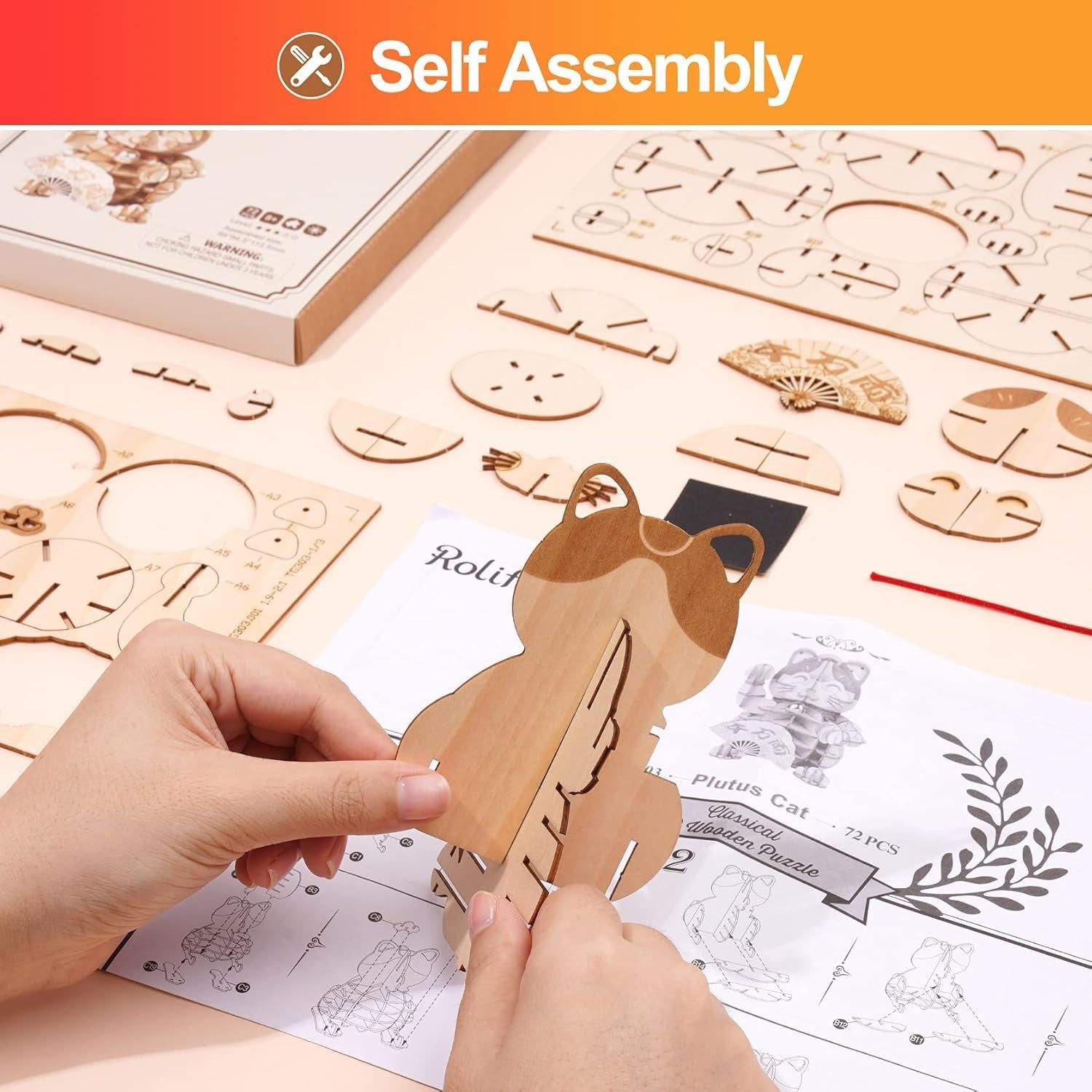 3D Wooden Cat Puzzle DIY Kit, 72 Pieces, Retro Craft Model, Easy Assembly