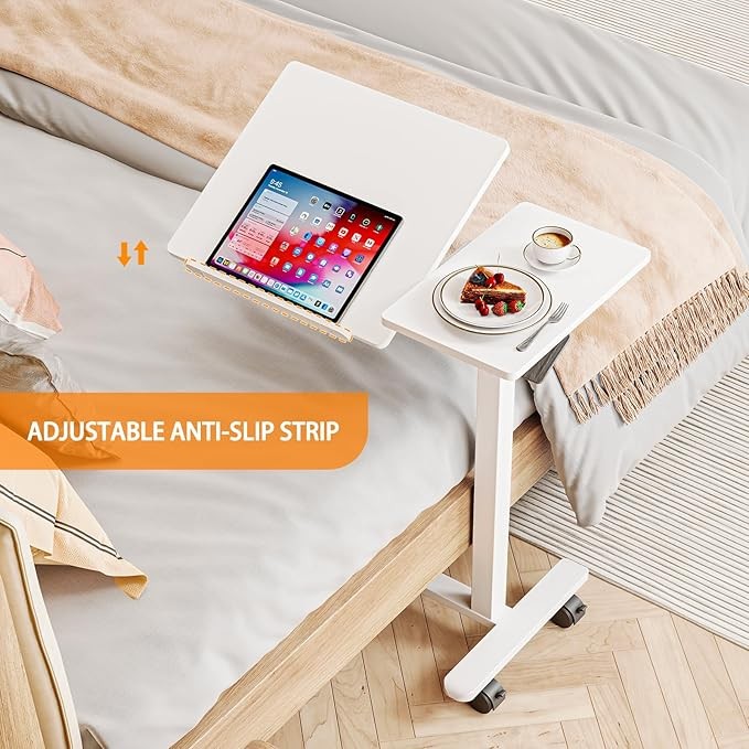 Overbed Laptop Table Tilt Top C Shaped Height Adjustable on Wheels 70x40cm White