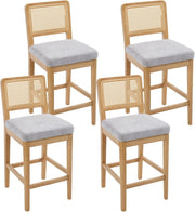 White Chenille Bar Stool Set of 4 with Rattan Back Wooden Legs