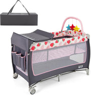 4in1 Travel Cot Baby Bedside Foldable Crib Portable Playard Strawberry Pink