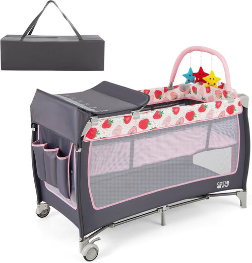 4in1 Travel Cot Baby Bedside Foldable Crib Portable Playard Strawberry Pink