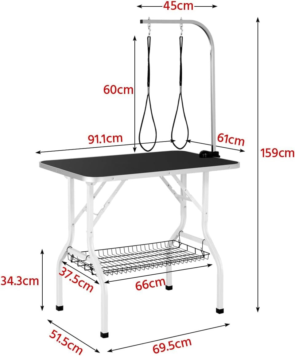Foldable Dog Grooming Table Adjustable Arm Double Tether Basket Non Slip