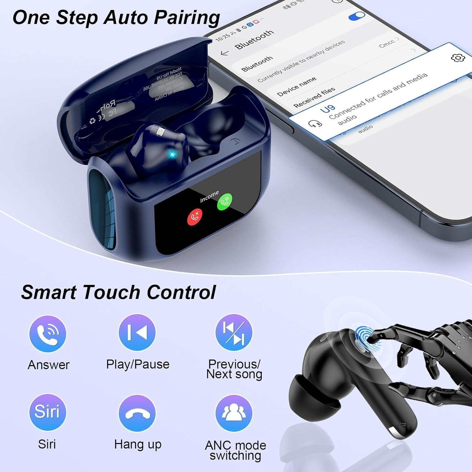 Bluetooth 5.4 ANC Earbuds Touch Screen Noise Cancel 40H IP7 Waterproof Blue