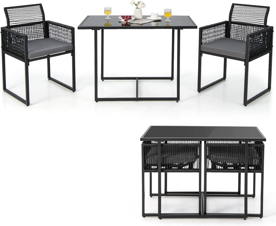 3-Piece Rattan Bistro Set Folding Chairs & Glass Table Patio Balcony Garden