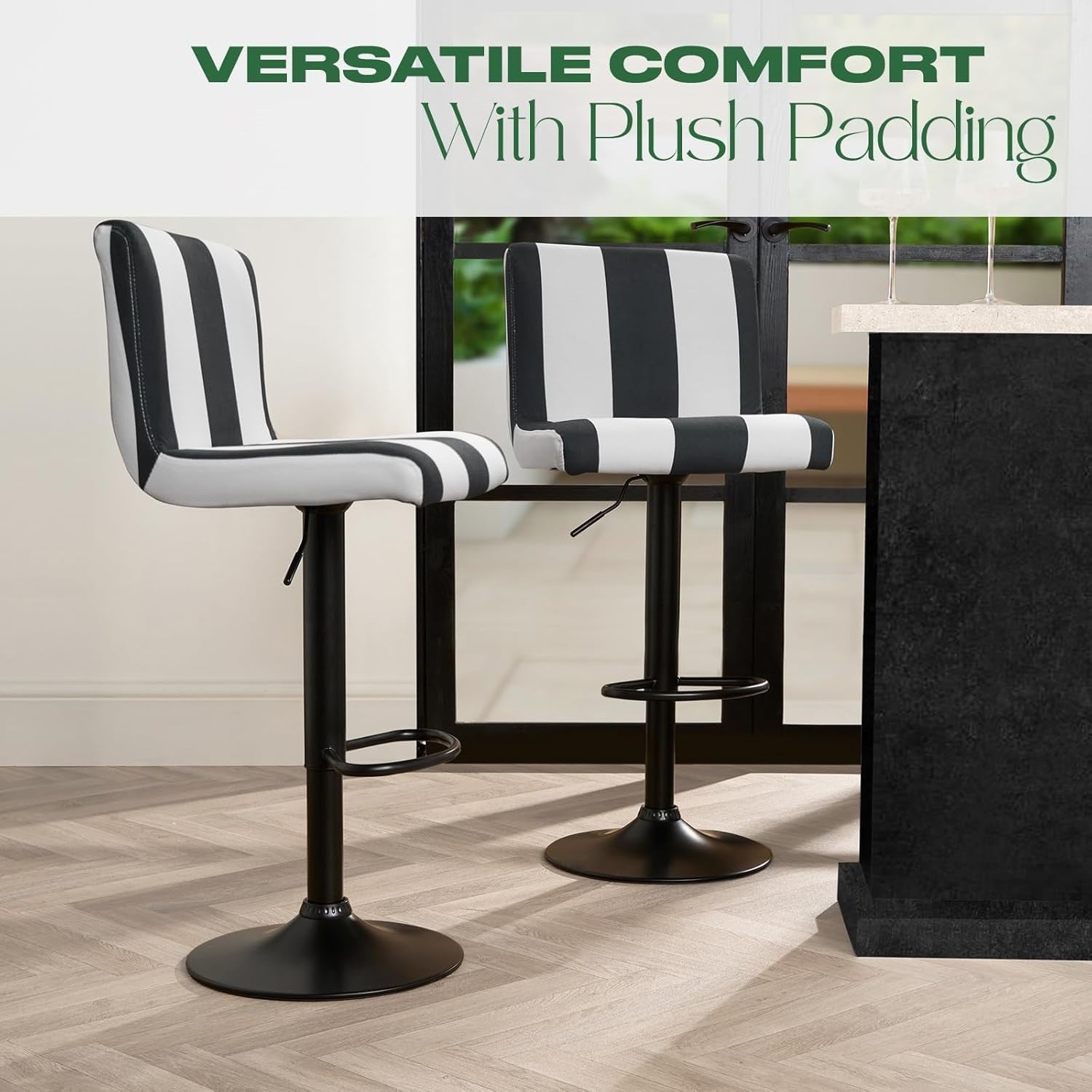 Set of 2 Adjustable Black & White Velvet Bar Stools with Swivel & Footrest