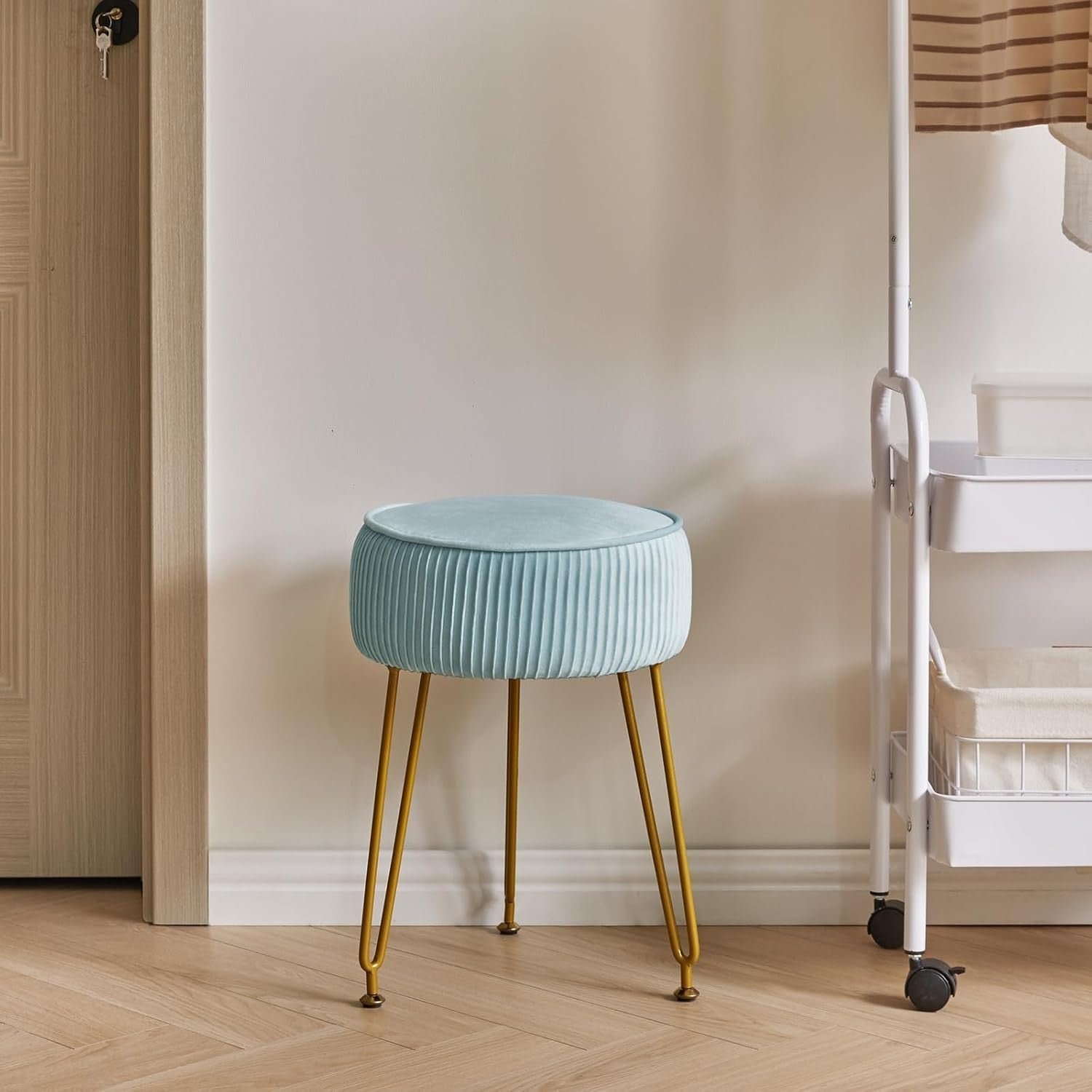 Light Blue Velvet Vanity Stool — Round Footstool with Gold Legs
