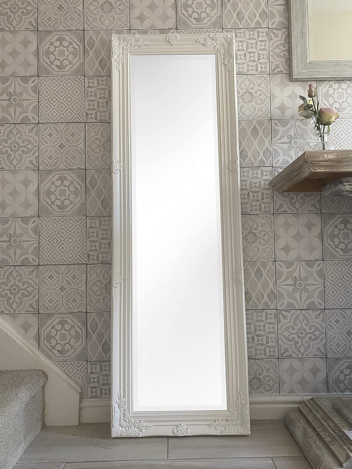 Tall White Wall Mirror 142x47cm with Bevelled Glass, Classic Wood Frame