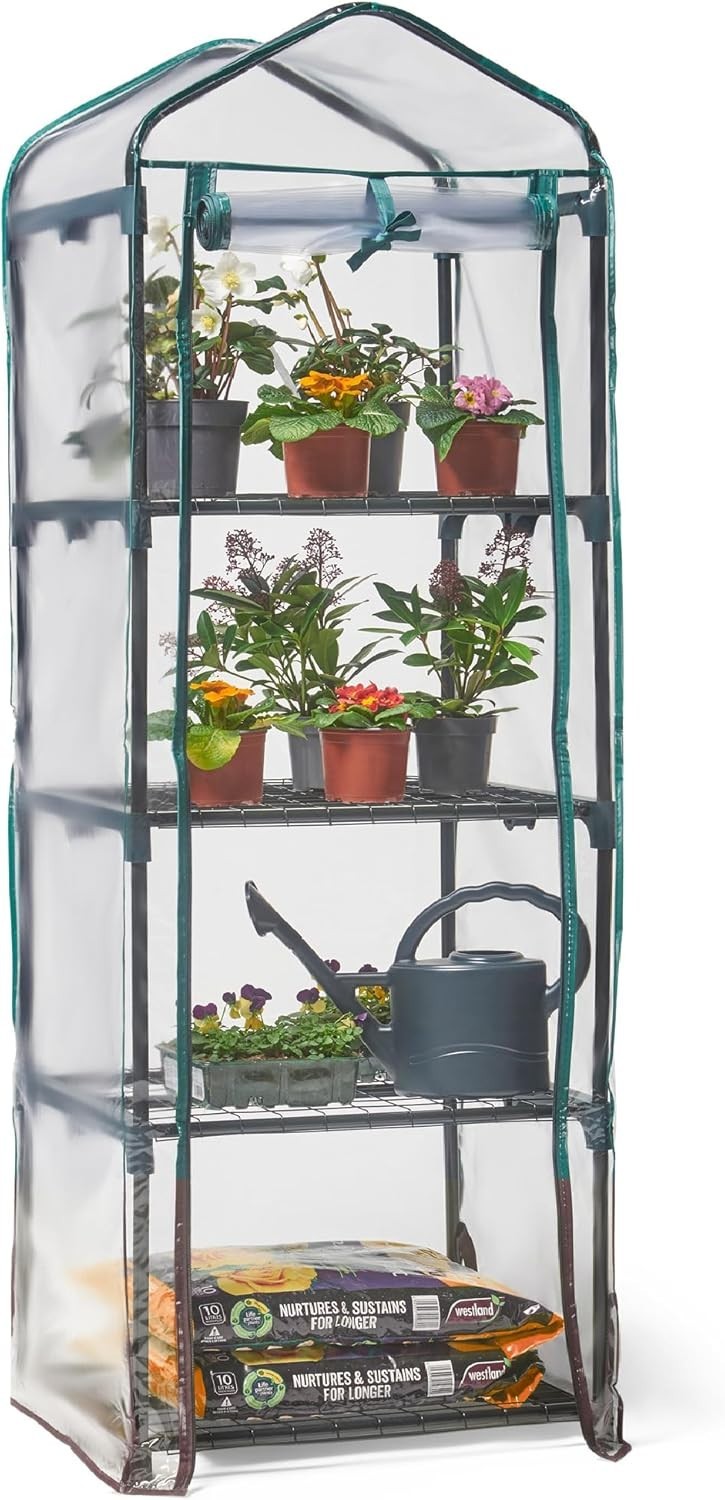 4-Tier Mini Greenhouse | Compact PVC Grow House | Steel Frame | Roll-Up Door