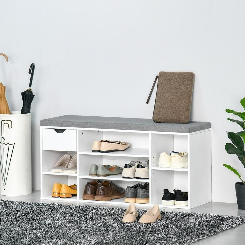 White Shoe Bench Seat with Drawer & 7 Adjustable Storage Compartments