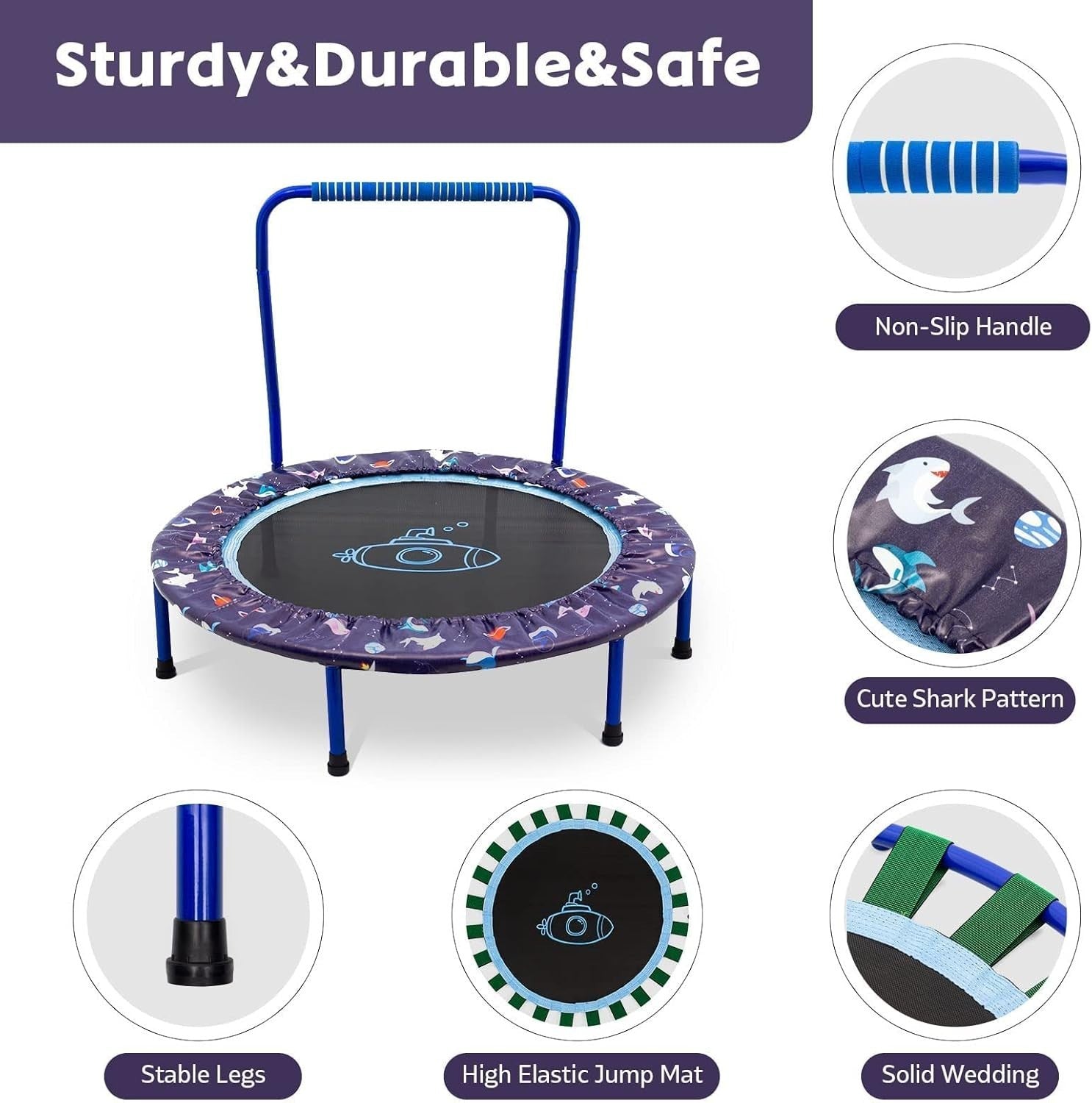 38in Kids Quiet Foldable Trampoline Adjustable Handle Indoor Outdoor