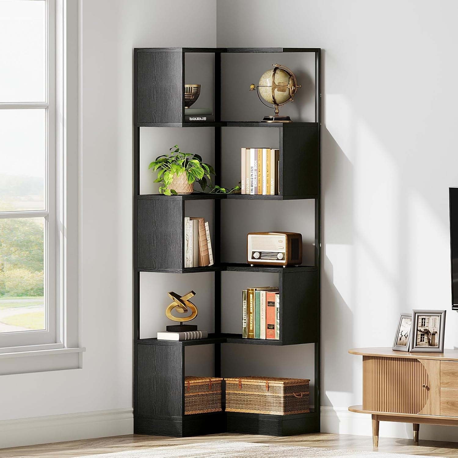 Tall 6-Tier Corner Bookshelf | 180cm Space-Saving Metal & Wood Display Storage U