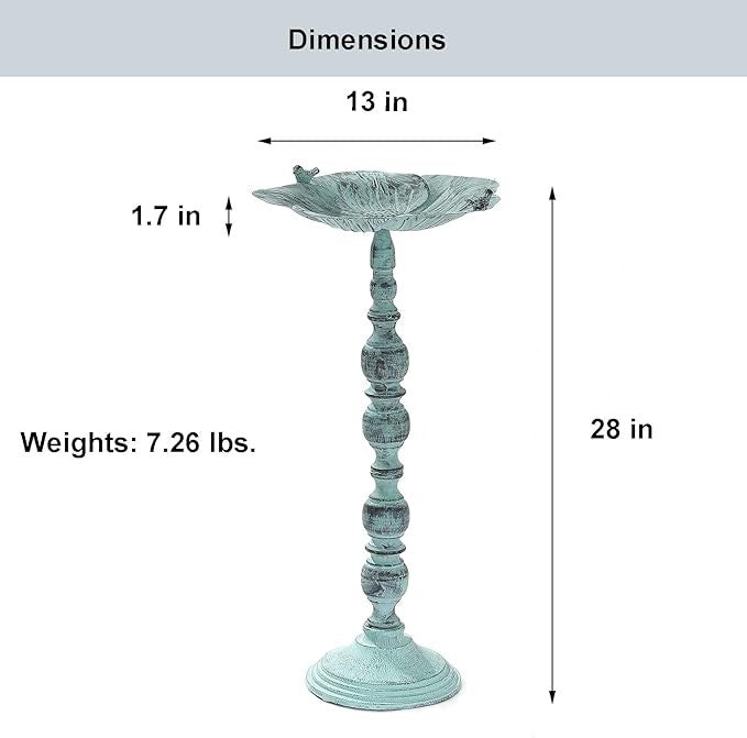 28" Antique Blue Iron Bird Bath Stand – Heavy Duty Outdoor Feeder Bowl