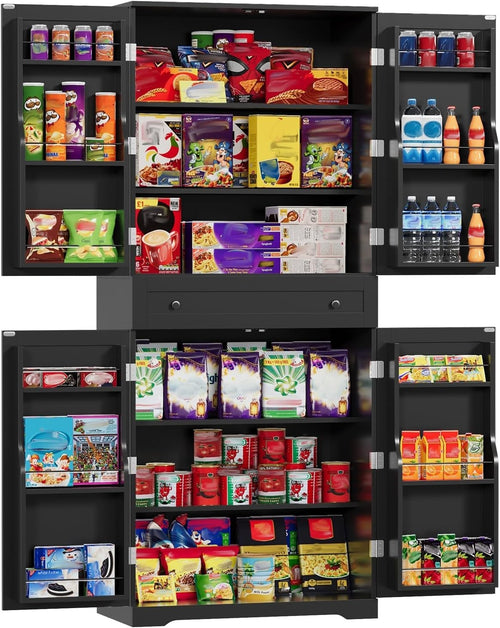 Tall Kitchen Cabinet 4 Doors 1 Drawer 4 Adjustable Shelves Black