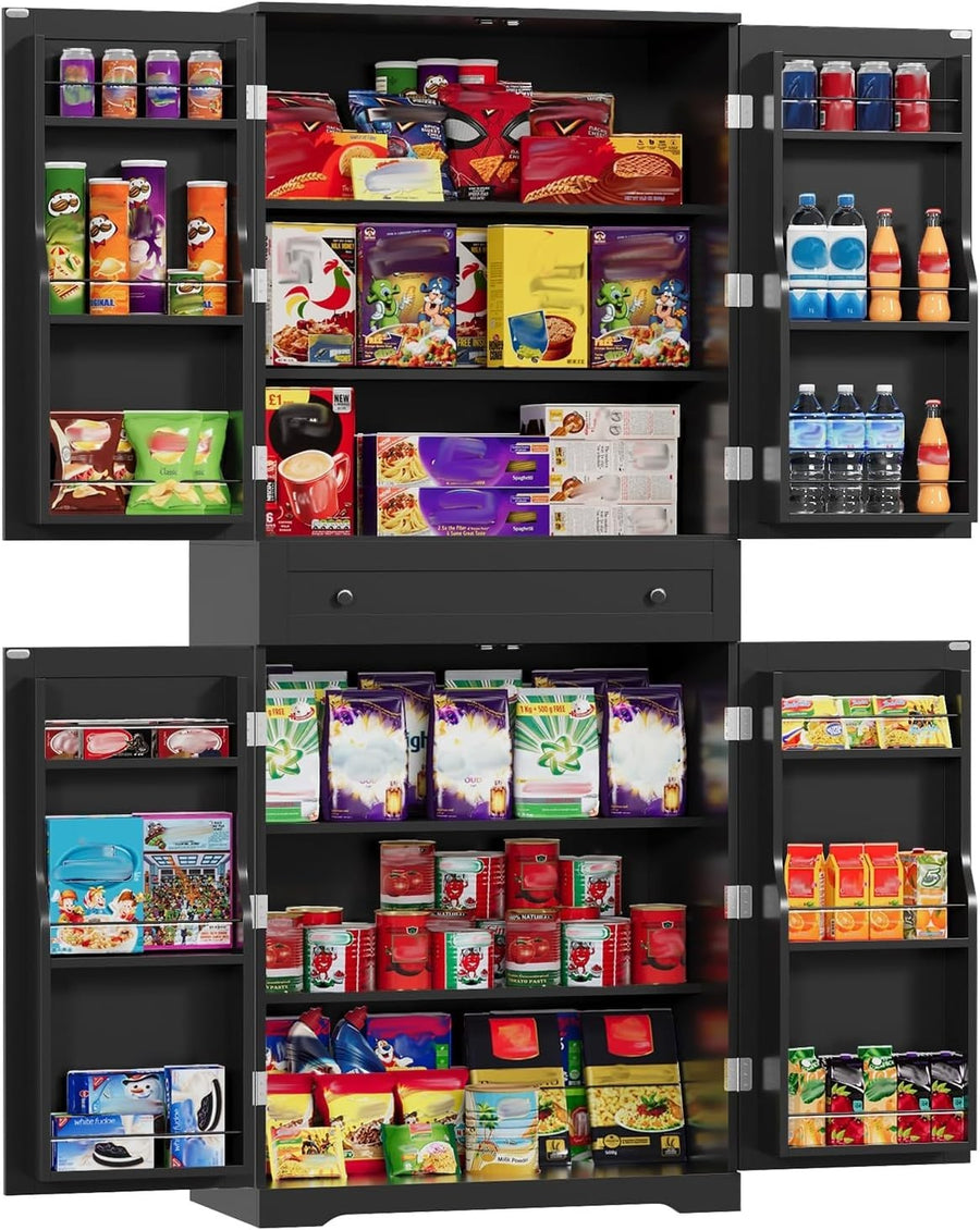 Tall Kitchen Cabinet 4 Doors 1 Drawer 4 Adjustable Shelves Black