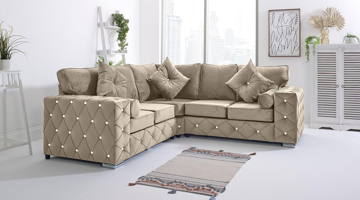 Cream Plush Velvet 5 Seater Corner Sofa With Extra Pillows – Diamond Tufted