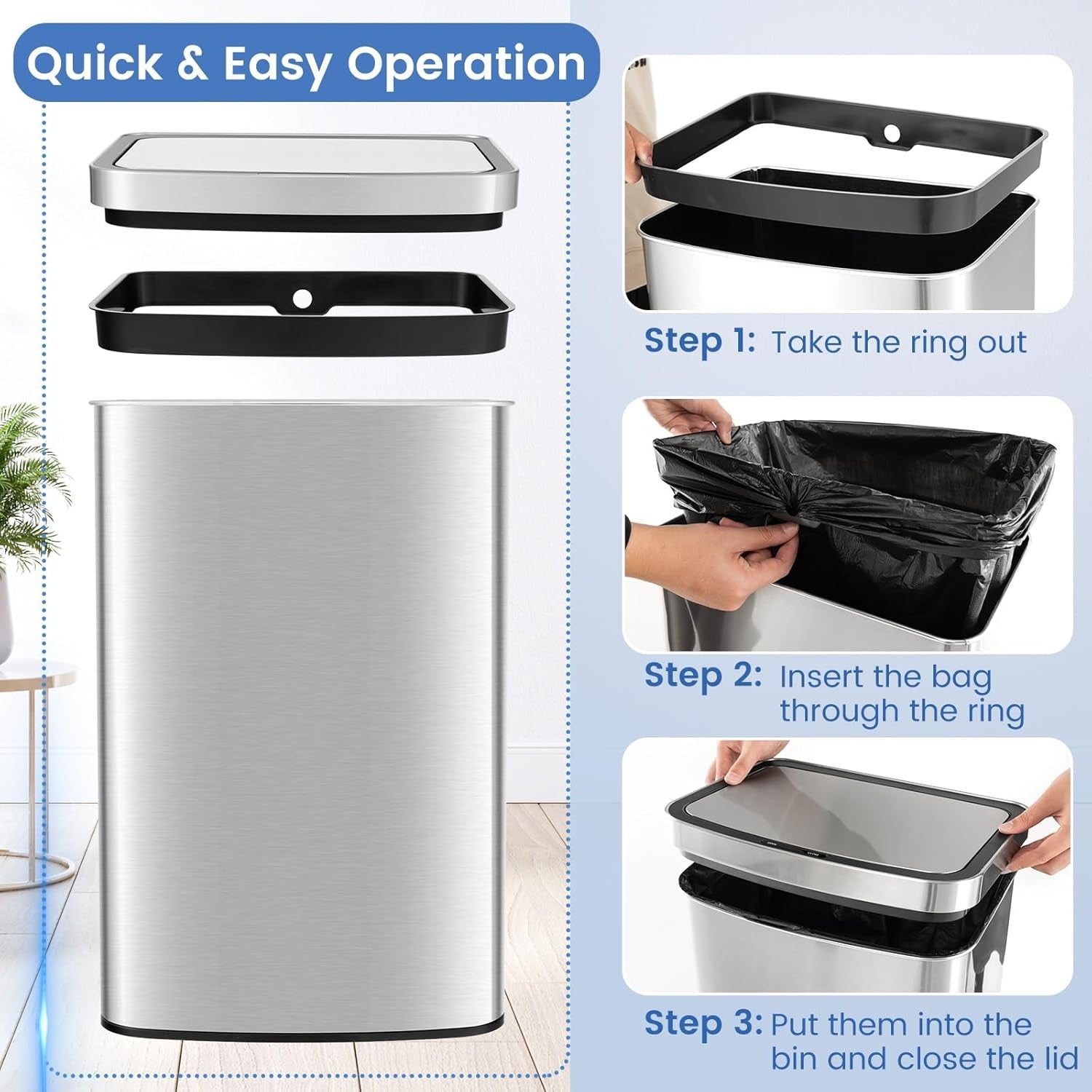 50L Automatic Sensor Kitchen Bin Stainless Steel Touchless