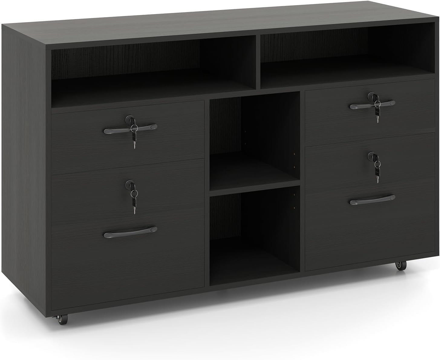Black Wide Mobile File Cabinet 4 Drawer Lockable Lateral Printer Stand