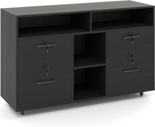 Black Wide Mobile File Cabinet 4 Drawer Lockable Lateral Printer Stand